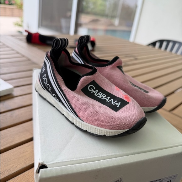 Dolce & Gabbana Pink and Black Logo Knit Slip-Ons
